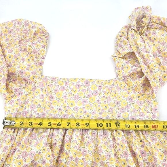 Storia Puff Sleeve Babydoll Mini Dress Size Large White Pink Yellow Floral - Picture 9 of 11